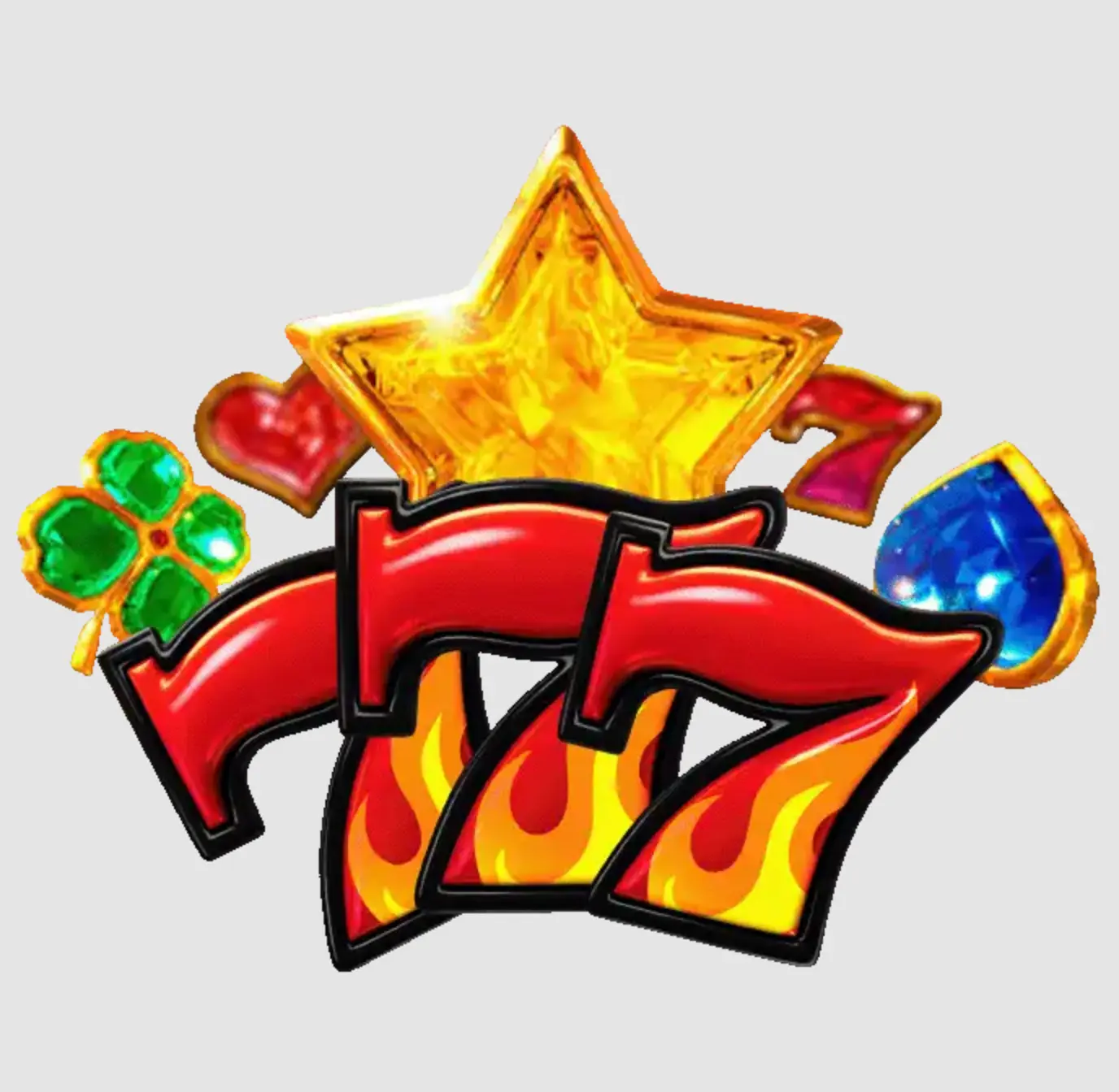 Klasické casino symboly 777 se zlatou hvězdou a šťastnými ikonami Symboly výherního automatu – trojité červené číslo 777 s plameny, zlatá hvězda, čtyřlístek, srdce a drahokam